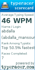 Scorecard for user abdalla_mansour
