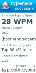 Scorecard for user bobtherevengemaster