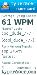 Scorecard for user cool_dude_777