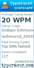 Scorecard for user eshmurod_2003