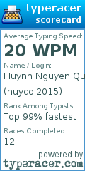 Scorecard for user huycoi2015