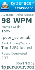Scorecard for user poon_colemak