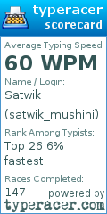 Scorecard for user satwik_mushini