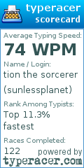 Scorecard for user sunlessplanet