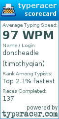 Scorecard for user timothyqian