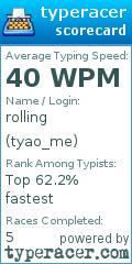 Scorecard for user tyao_me