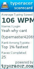 Scorecard for user typemaster42069