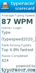 Scorecard for user typespeed2020_